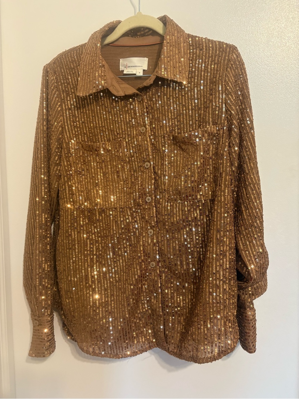 Anthropologie Copper Sequin Button-Down Shirt